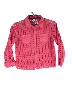 Womens Susan Graver Pink Eyelet Button Up Shirt Long Sleeves 100% Cotton Size L